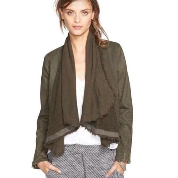 Free People Coated Denim & Sweater Zip Cuff Multi Styled Moto Jacket Olive-8 - Picture 1 of 16